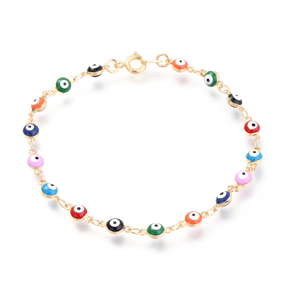 Real 18K Gold Plated Evil Eye Brass Enamel Link Bracelets, 200mm