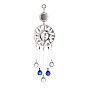 Alliage plat rond & soleil & lune bleu turc mauvais œil pendentif décoration, avec prismes de boule de lustre de plafond en cristal, pour l'ornement d'amulette suspendu à la maison