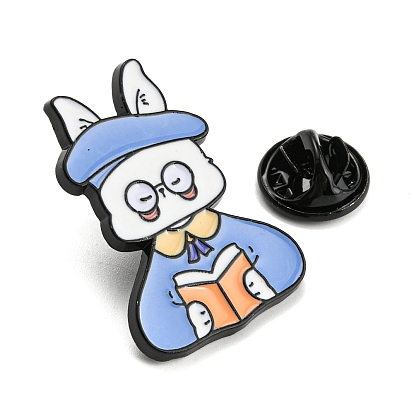 Lapin de dessin animé avec sac/cape/stylo, épingles en émail, badge en alliage noir pour femme