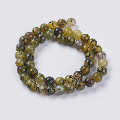 Natural Dragon Veins Agate Beads Strands, Dyed, Round, Olive