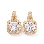 Brass Micro Pave Cubic Zirconia Pendants, Real 18K Gold Plated, Square Charms