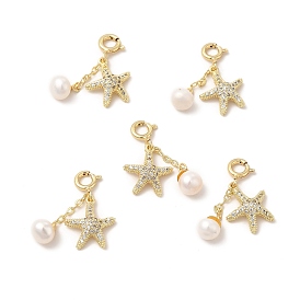 Natural Pearl Spring Ring Clasp Charms, with Brass Micro Pave Clear Cubic Zirconia Starfish Pendants