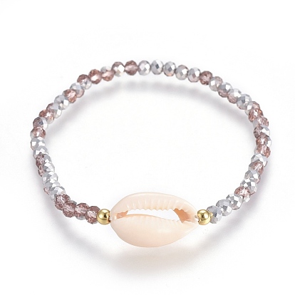 Cowrie Shell Stretch Bracelets, with Electroplate Glass Beads and Brass Beads