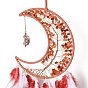 Gemstone Chips Beaded Tree of Life Moon with Feather Pendant Decorations, with Iron Findings, for Garden Home Ornament