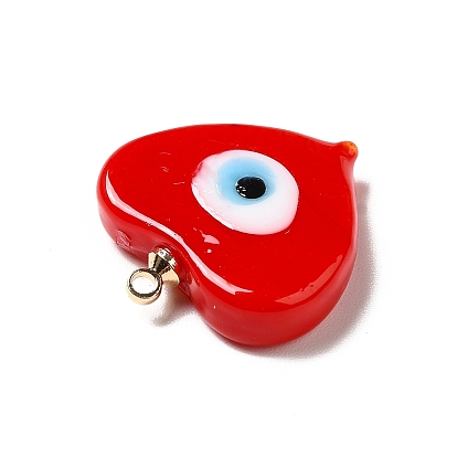 Handmade Lampwork Pendants, with Real 18K Gold Plated Plated Brass Finding, Cadmium Free & Lead Free, Heart with Evil Eye