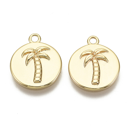 Brass Pendants, Flat Round with Coconut Tree, Nickel Free