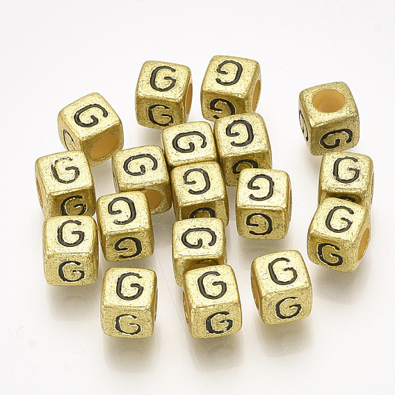 Acrylic Beads, Horizontal Hole, Metallic Plated, Cube with Letter