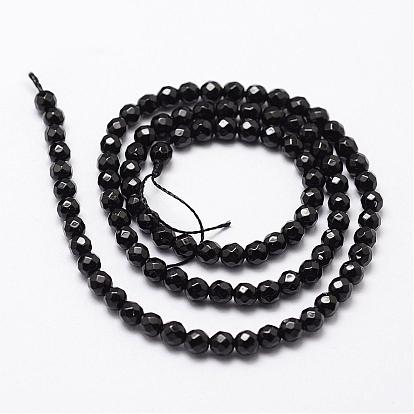 Brins de perles d'onyx noir naturel, Grade a, facette, ronde