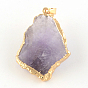 Mixed Shape Faceted Golden Plated Natural Amethyst Pendants with Iron Clasps, 43~50x28~36x11~16mm, Hole: 6x4mm
