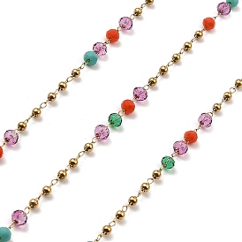 Colorful Rondelle Glass Beaded Link Chains, with 304 Stainless Steel Findings, Soldered, with Spool