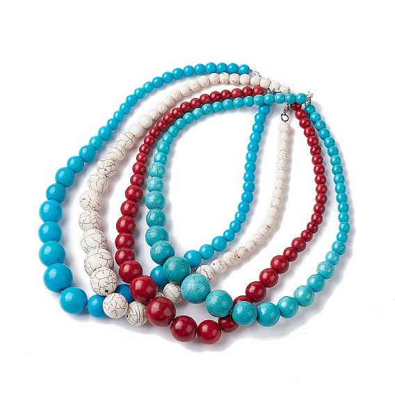 Colliers de perles graduées en turquoise synthétique teint, avec des agrafes de fer