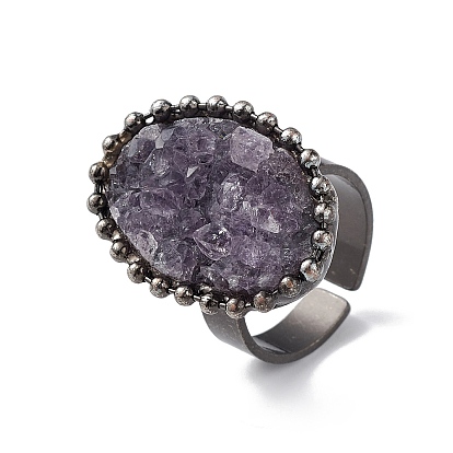 Natural Amethyst Irregular Druzy Horse Eye Open Cuff Ring, Antique Silver Brass Jewelry for Women, Lead Free & Cadmium Free
