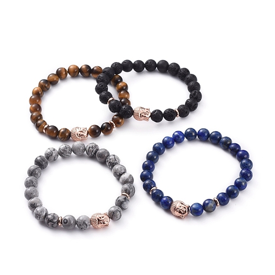 Bracelets extensibles de perles de pierre gemme naturelle Bouddha, avec des perles en laiton