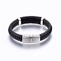 Leather Cord Bracelets, 304 Stainless Steel Magnetic Clasp, Rectangle