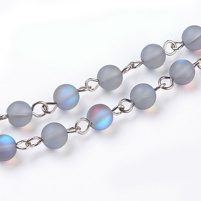 Handmade Natural Moonstone Beads Chains, Unwelded, with Platinum Tone Iron Eye Pin, Round