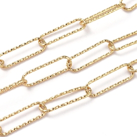Soldered Textured Brass Paperclip Chains, Drawn Elongated Cable Chains, Long-Lasting Plated, Real 18K Gold Plated, with Spool
