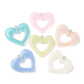 Translucent Resin Hollow Pendants, Glitter Heart Charms with Platinum Plated Iron Loops