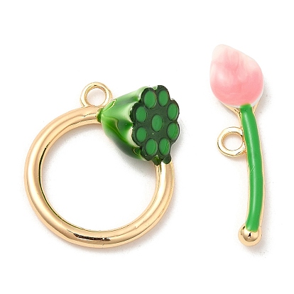 Brass Toggle Clasps with Green Enamel, Lotus Flower