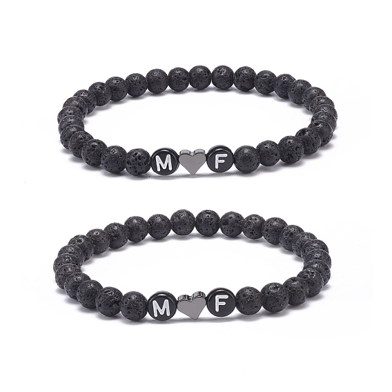 2Pcs Natural Gemstone Stretch Bracelets Set, Heart & Word M and F Acrylic Beaded Couple Bracelets for Best Friends Lovers