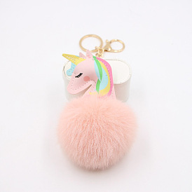 Adorable Unicorn Girl Bag Charm with Fluffy Pom-Pom and Horse Keychain