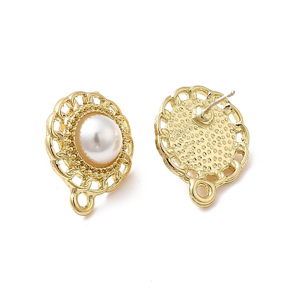 Alloy Stud Earring Findings, with Plastic Pearl Beaded & 925 Sterling Silver Pins & Horizontal Loops, Flower
