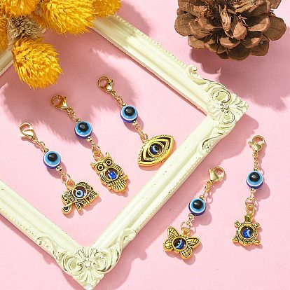 Décorations pendantes en alliage de style tibétain, Perle en résine mauvais œil et breloques en acier inoxydable avec fermoirs à pince de homard, formes mixtes