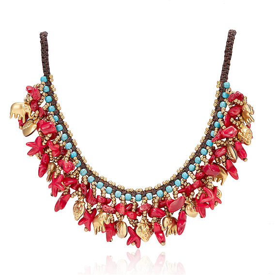 SHEGRACE Bib Necklaces, with Synthetic Turquoise Beads, Waxed Cord and Brass Beads, Golden