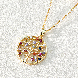 18K Gold Plated Tree of Life Pendant Necklace with CZ Stones Circle Cutout