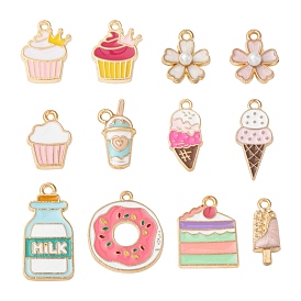 12 Style Alloy Enamel Pendants, Cupcake & Cake & Ice-cream & Milkshake & Bottle & Doughnut & Sakura Flower, Light Gold