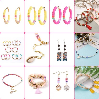 Kits de bijoux bricolage perles heishi, avec la main perles en pate polymère, Pendentifs en alliage, fil élastique, perles d'espacement en laiton et épingles à tête sphérique et anneaux de saut, ciseaux