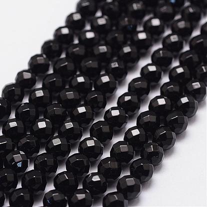 Natural Black Onyx Beads Strands, Dyed & Heated, 64 Faceted, Round