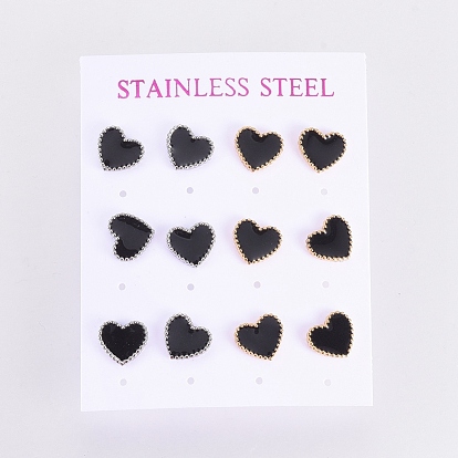 304 Stainless Steel Stud Earrings, with Enamel and Ear Nuts, Heart