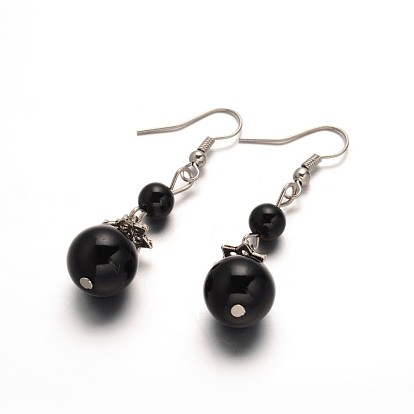 Attractive Round Glass Pearl Dangle Earrings, with Alloy Findings and Iron Earring Hooks, 49x12mm, Pin: 0.6mm