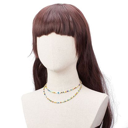 Natural Shell Horse Eye & Glass Seed Beaded Double Layer Necklace for Women