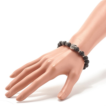 Bracelet extensible perles rondes en pierre de lave naturelle, bijoux en pierre de puissance de diffuseur d'huile avec le hibou d'alliage pour des femmes