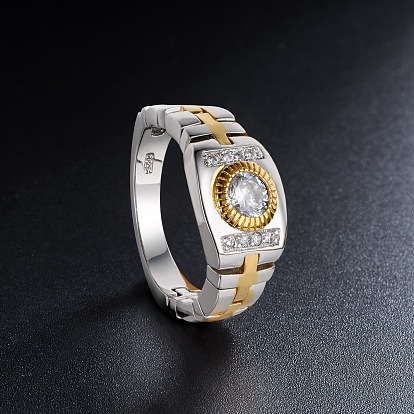 Anillo de dedo de plata de ley shegrace 925, con cadena de reloj y redondo chapado en oro real 18k con dos hileras de circonitas cúbicas aaa