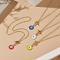 Flat Round Glass Evil Eye Pendant Necklaces, Golden Tone Brass Chain Necklaces for Women