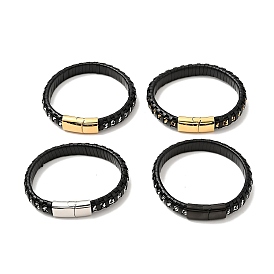 Cuir noir & 304 corde en acier inoxydable bracelet cordon tressé fermoir magnétique pour hommes femmes