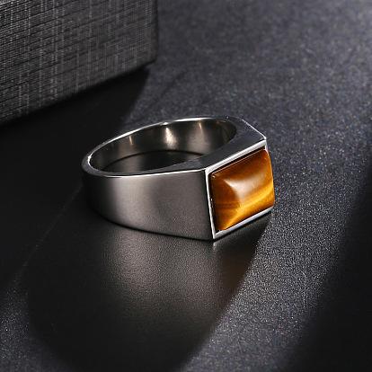 Rectangle Natural Tiger Eye Finger Ring, Alloy Jewelry