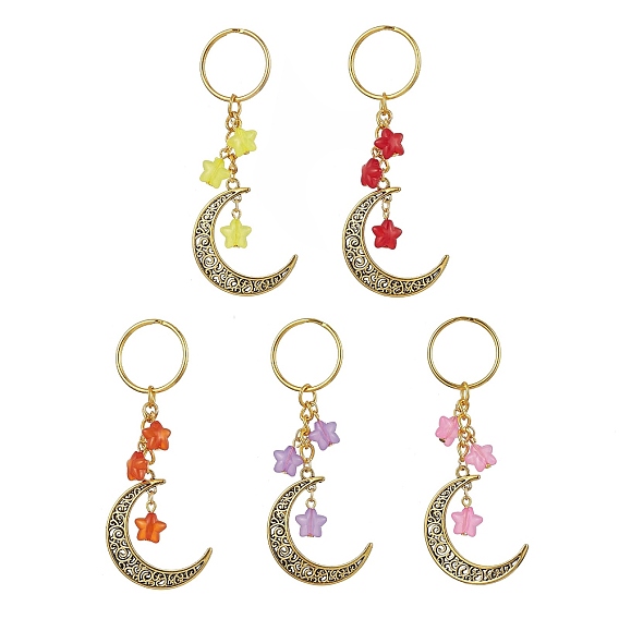 Porte-clés pendentif lune creuse en alliage de style tibétain, avec breloque étoile en acrylique et porte-clés fendus en fer
