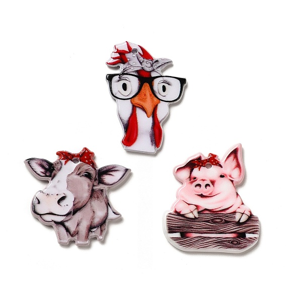 Pendentifs en acrylique imprimés de dessins animés, breloque cochon/bovin/coq