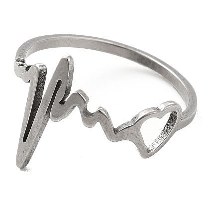 201 Stainless Steel Finger Rings, Heartbeat with Heart Ring for Women