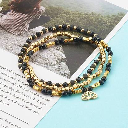 Natural Gemstone Beaded Stretch Bracelets Sets, with Non-magnetic Synthetic Hematite & Brass Spacer Beads, Lotus, Golden