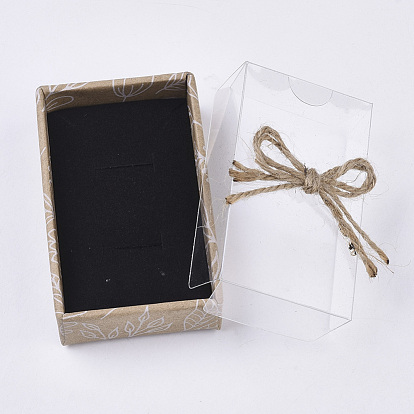 Boîtes à bijoux en carton, Pour la bague, Collier, boucle, avec couvercle transparent, nœud papillon en corde de chanvre et éponge noire à l'intérieur, rectangle