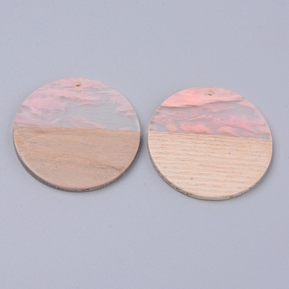 Resin & Wood Pendants, Two Tone, Flat Round