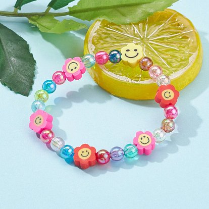Handmade Polymer Clay Beads Stretch Bracelets for Kids, with Eco-Friendly Transparent Acrylic Beads, Flower