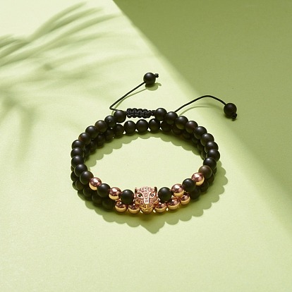 2 piezas 2 pulseras de cuentas trenzadas de hematita sintética y obsidiana natural con circonita cúbica leopardo, joyas de piedras preciosas para mujeres