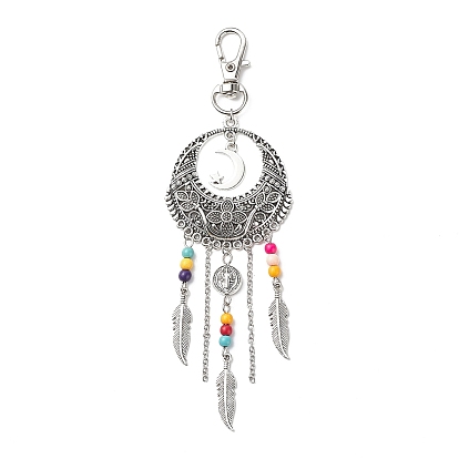 Filet/toile tissé avec décorations pendantes en alliage de style tibétain en plumes, avec fermoir mousqueton turquoise synthétique, breloques à clipser, pour porte-clés, sac à main, ornement de sac à dos