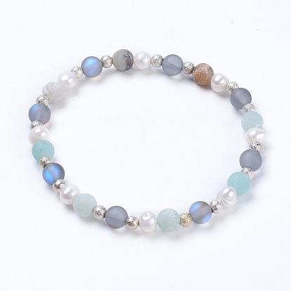 Stretch Bracelets, with Mixed Stone Beads, Grade A Pearl Beads and Brass Textured Beads