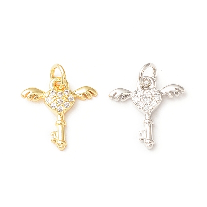 Brass Micro Pave Cubic Zirconia Charms, with Jump Ring, Key with Wing Charm